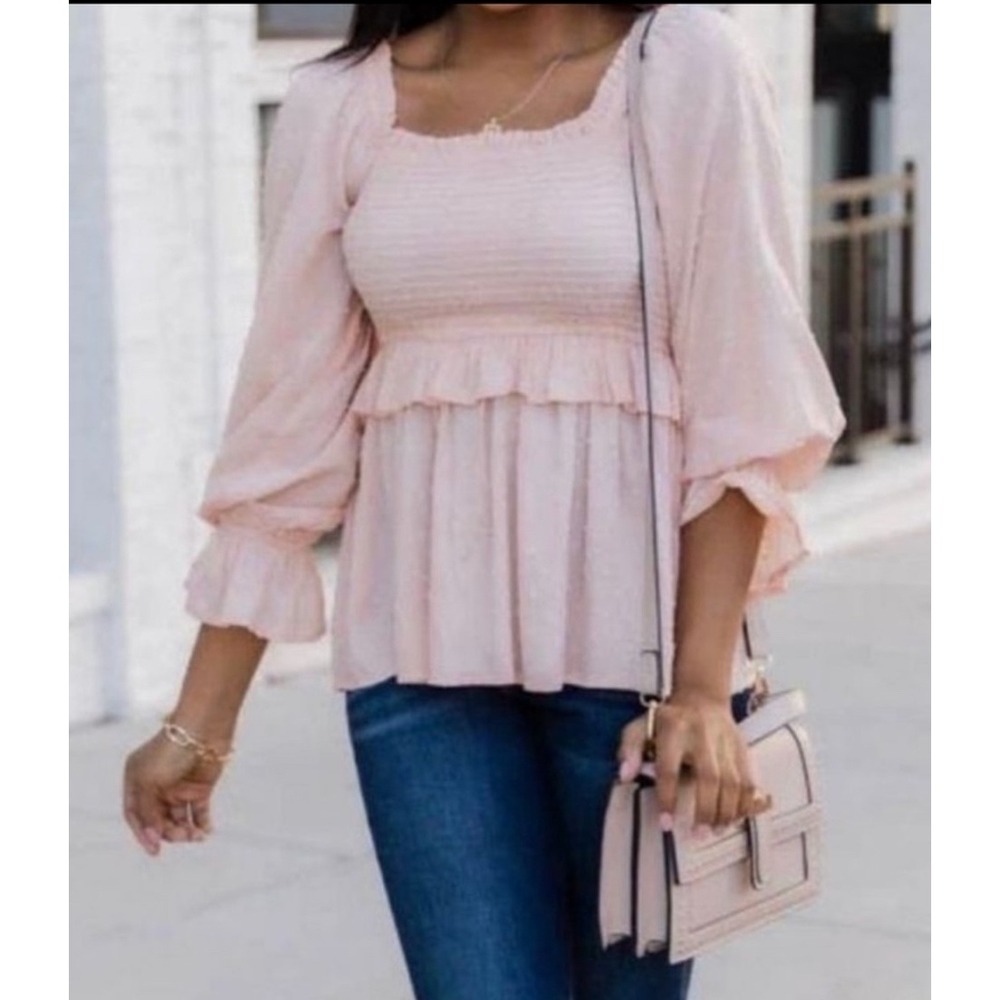 Pink Lily Square Neck Smocked Peplum Blouse Peach Dot Long Sleeve Medium
